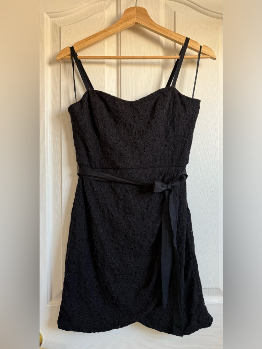 Classic Black Lace Spaghetti-Strap Dress with Waist Tie - Size 4